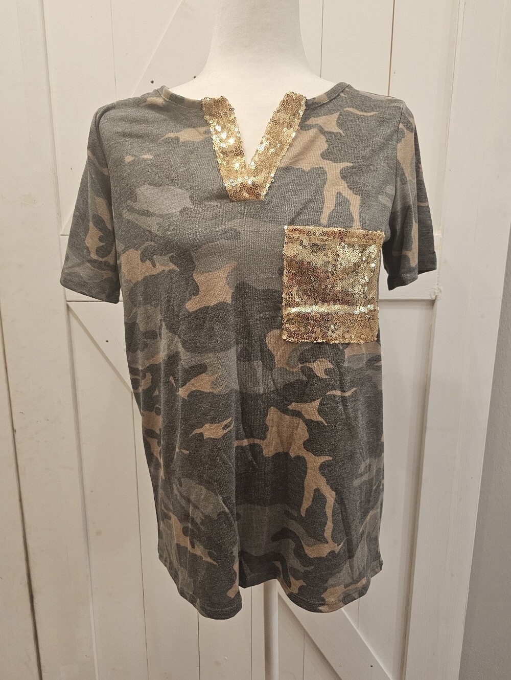 BiBi - Gold Sequin V-Neck Camo Print Top-nwot